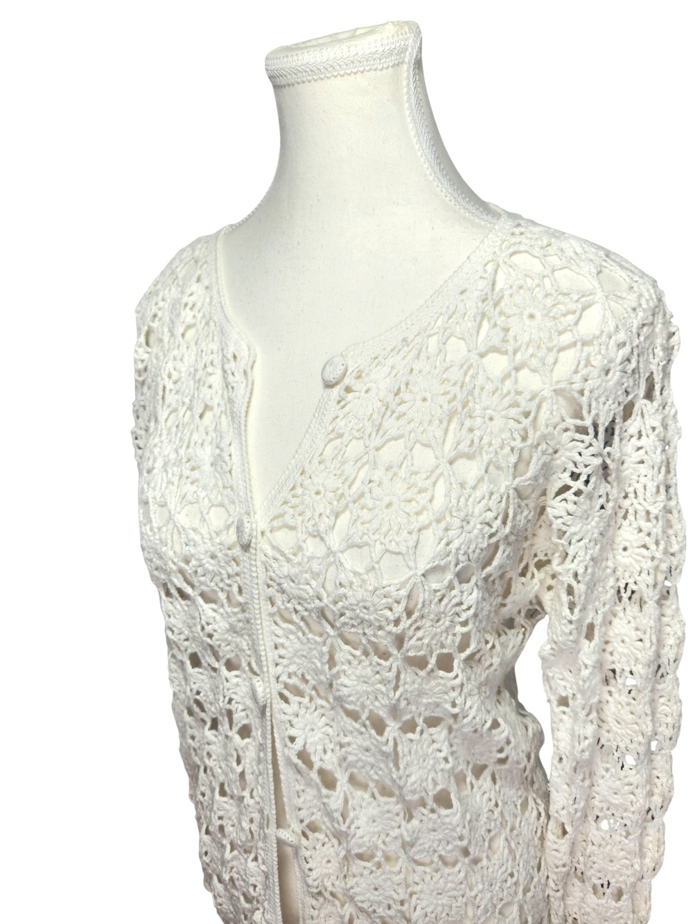 Crochet Cardigan White Sweater Med Boho Open Knit Button Front Cover Up Festival - Picture 2 of 15